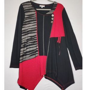 Emma G Womans Abstract Art to Wear Patchwork Shirt Top Tunic Small Black‎ Red